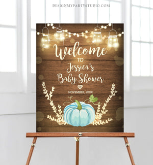 Editable Blue Pumpkin Baby Shower Welcome Sign Rustic Wood Boy Birthday Couples Shower Fall Autumn Pumpkin Party Corjl Template 0015