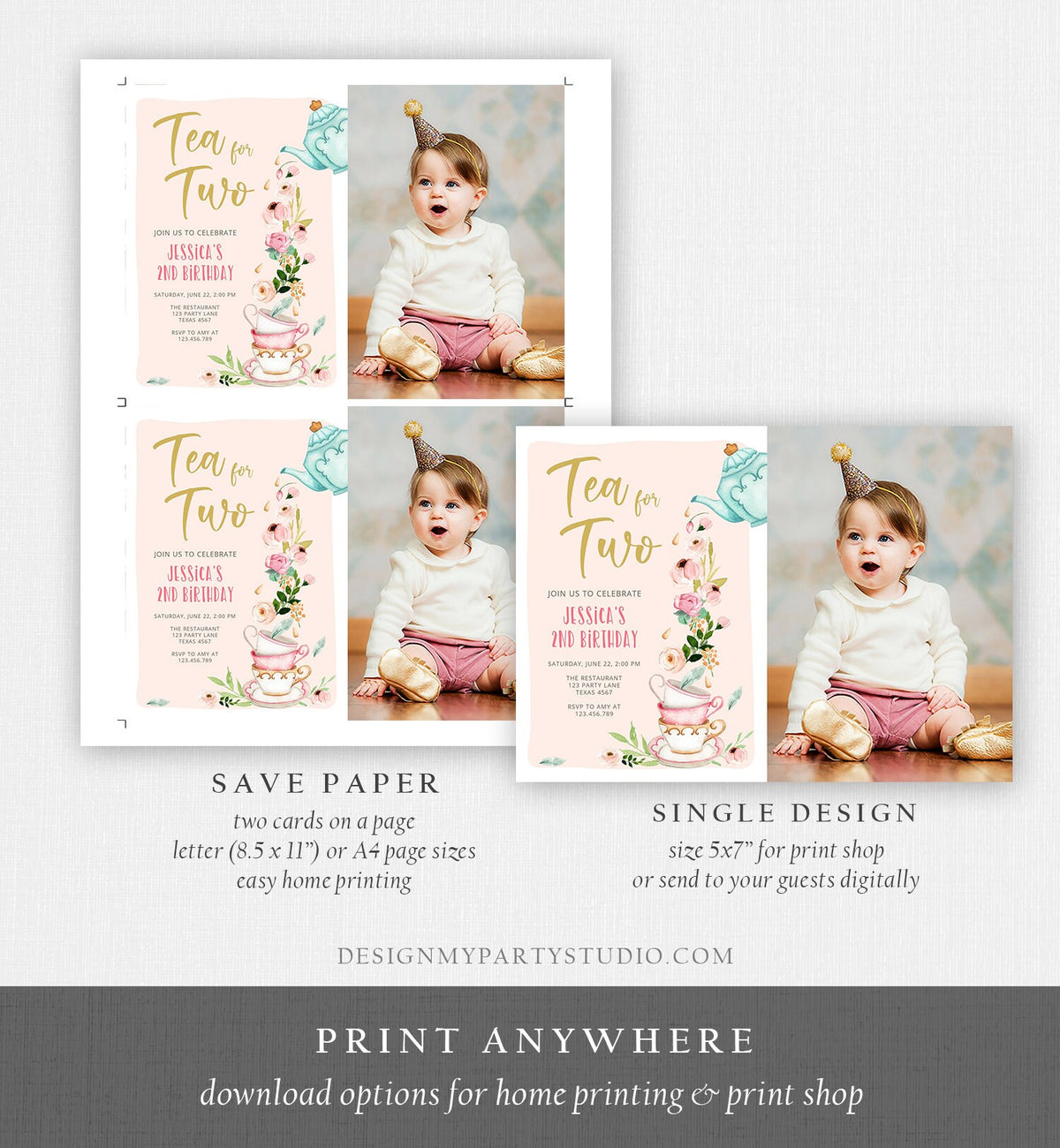 Editable Tea for Two Birthday Invitation Girl Tea Party Invite Pink Gold Floral Peach Pink Download Printable Template Corjl Digital 0349