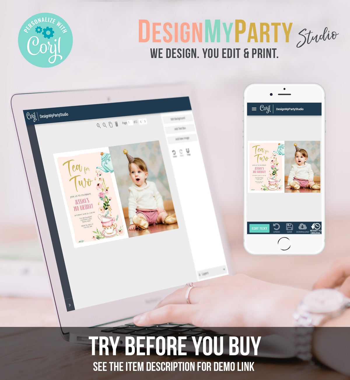 Editable Tea for Two Birthday Invitation Girl Tea Party Invite Pink Gold Floral Peach Pink Download Printable Template Corjl Digital 0349