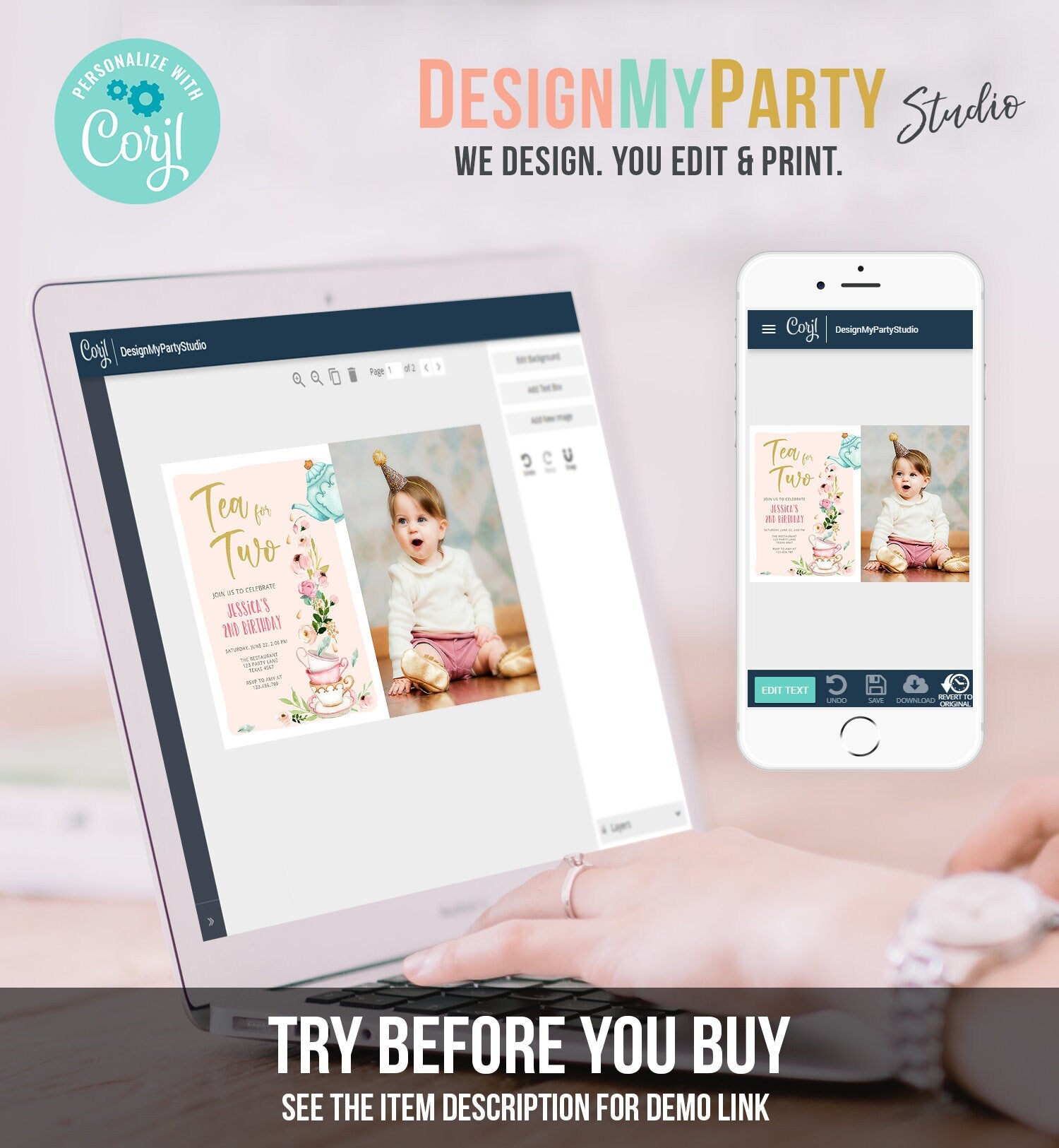 Editable Tea for Two Birthday Invitation Girl Tea Party Invite Pink Gold Floral Peach Pink Download Printable Template Corjl Digital 0349