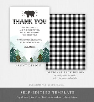Editable Thank You Card Wild One Birthday Rustic Bear Birthday Trees Forest Black White Lumberjack Download Printable Template Corjl 0377