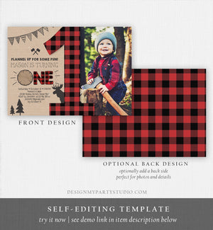 Editable Lumberjack Birthday Invitation Rustic Woodland Birthday Moose Deer Forest Red Plaid Instant Download Printable Template Corjl 0026