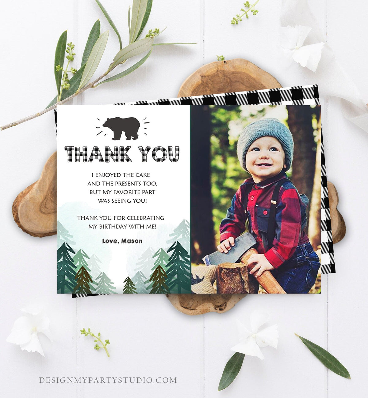 Editable Thank You Card Wild One Birthday Rustic Bear Birthday Trees Forest Black White Lumberjack Download Printable Template Corjl 0377