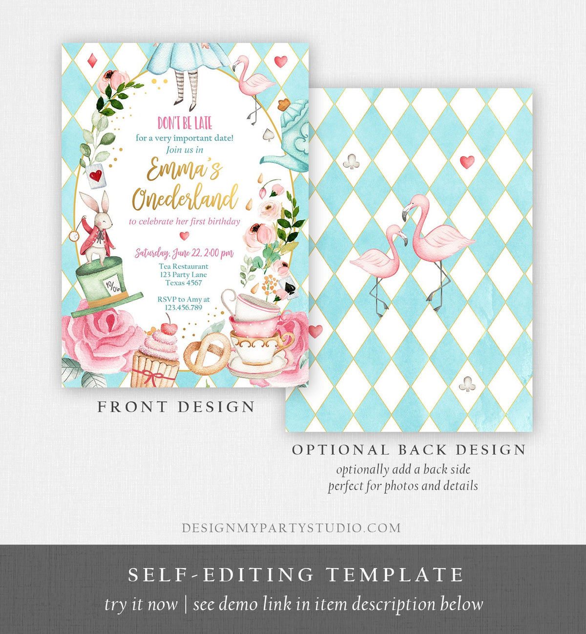 Editable Alice In Wonderland Birthday Invitation Girl First Birthday 1st Onederland Tea Party Pink Printable Template Corjl Digital 0350