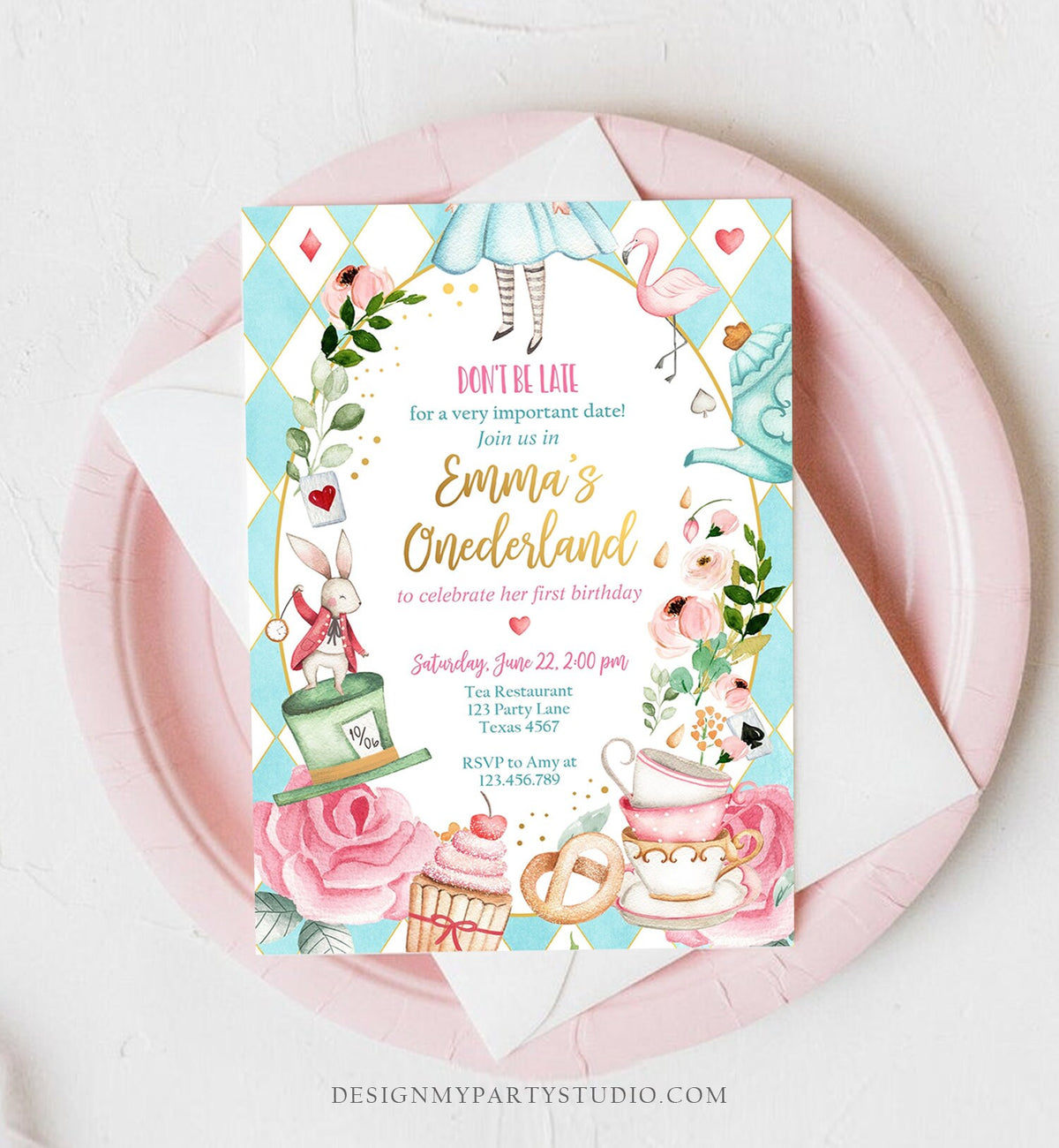 Editable Alice In Wonderland Birthday Invitation Girl First Birthday 1st Onederland Tea Party Pink Printable Template Corjl Digital 0350