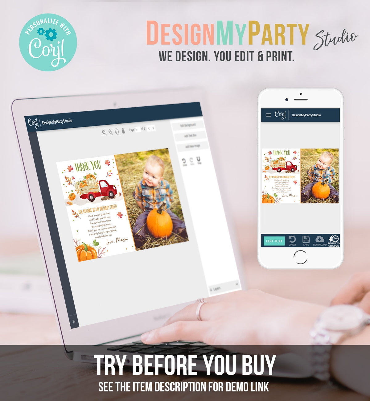 Editable Pumpkin Birthday Thank You Card Fall Pumpkin Truck Red Boy Birthday Party Red Green Orange Download Printable Template Corjl 0153