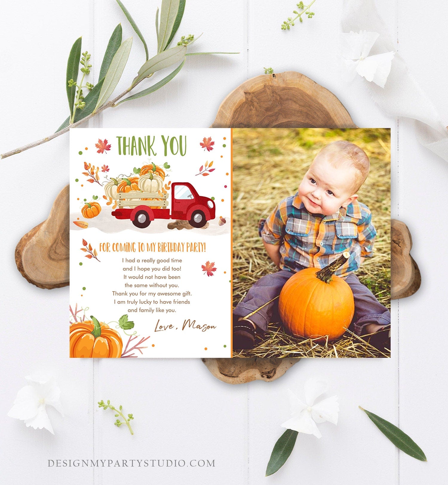 Editable Pumpkin Birthday Thank You Card Fall Pumpkin Truck Red Boy Birthday Party Red Green Orange Download Printable Template Corjl 0153