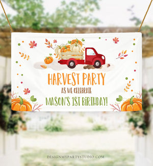Editable Pumpkin Truck Birthday Backdrop Banner Harvest Party Welcome Sign Fall Pumpkins Red Orange Download Corjl Template Printable 0153