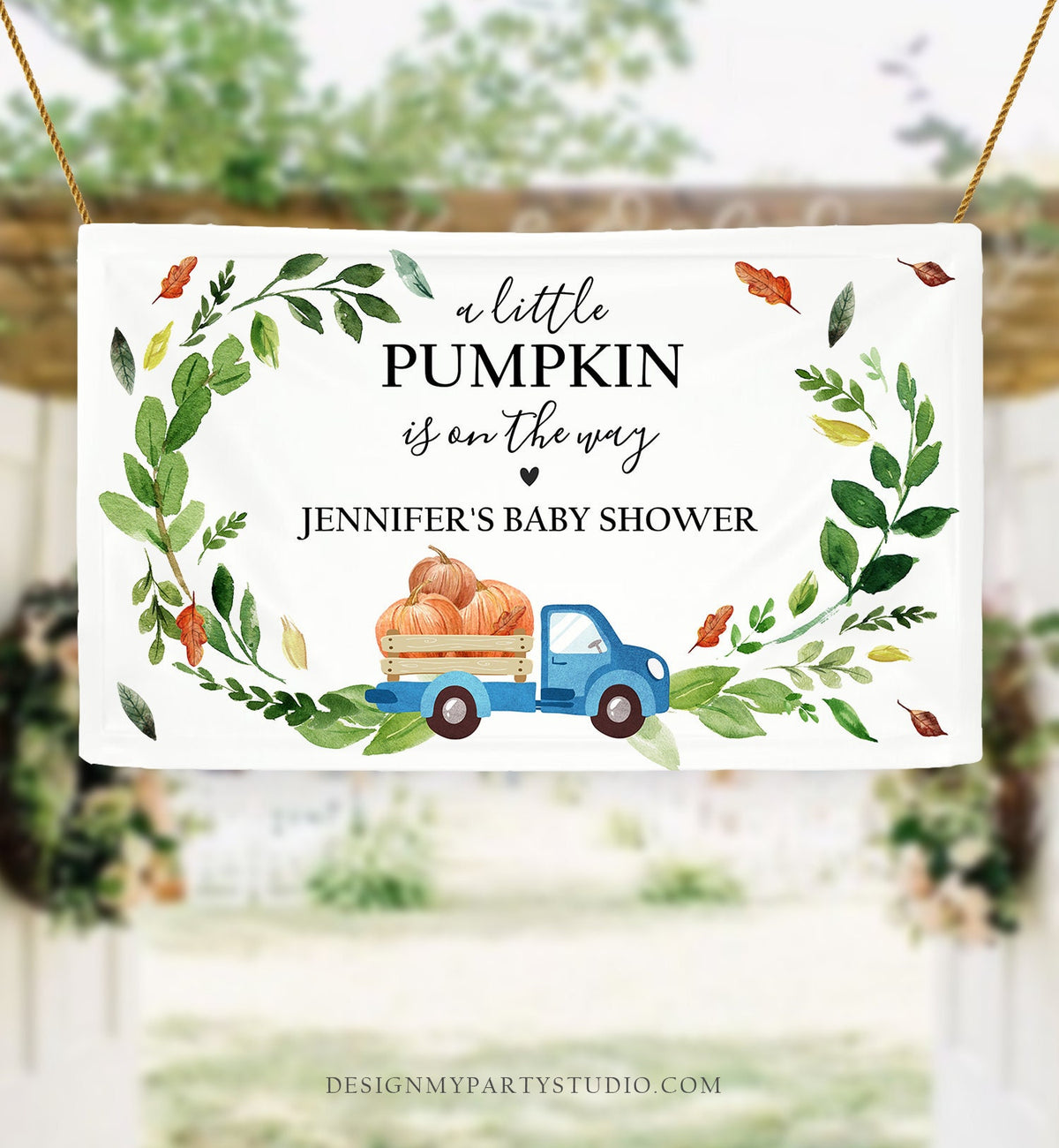 Editable Pumpkin Truck Drive By Baby Shower Backdrop Banner Birthday Welcome Sign Fall Blue Orange Download Corjl Template Printable 0153