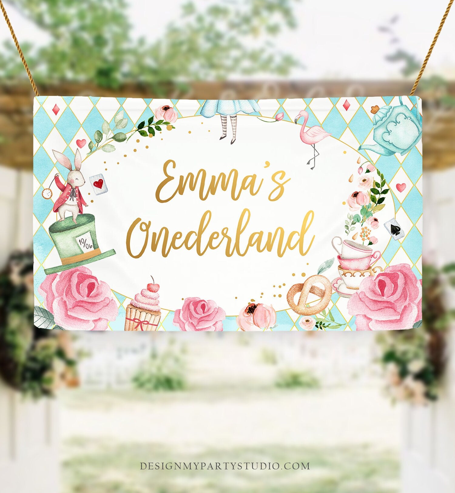 Editable Alice in Onederland Birthday Backdrop Alice in Wonderland