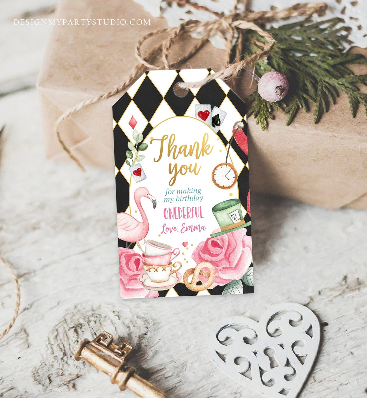 Editable Alice in Wonderland Favor Tags Alice in Onederland Thank You Tags Girl 1st Birthday Tea Party Gift Tag Digital Corjl Template 0350