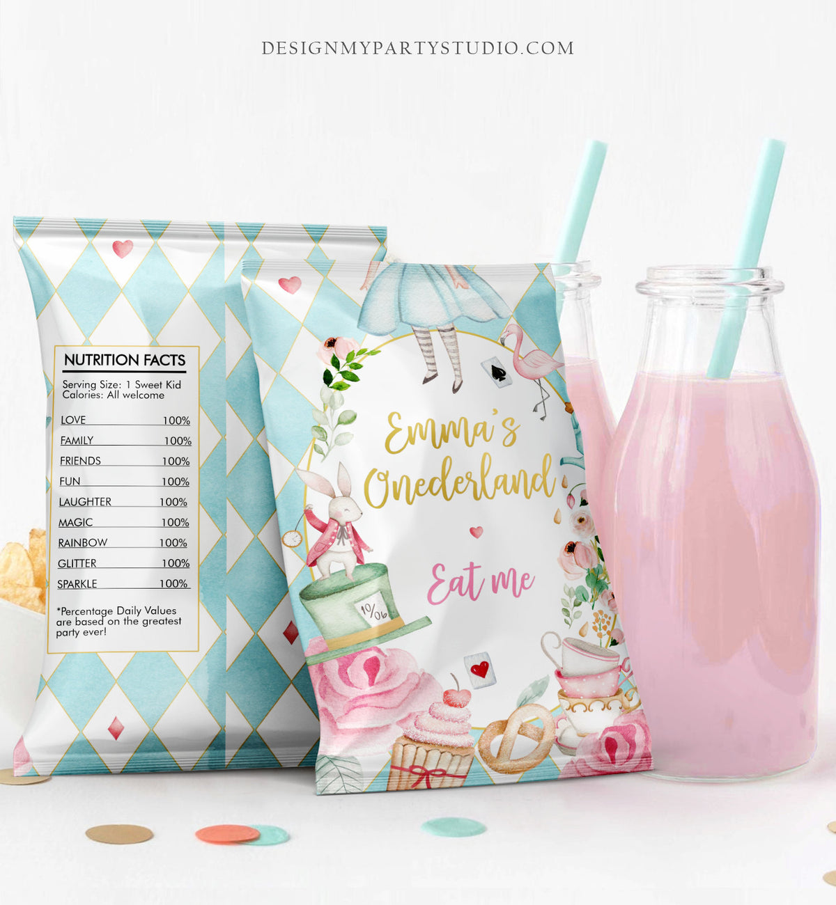 Editable Alice in Wonderland Chip Bag Alice in Onederland Party Decor Girl 1st Birthday Tea Party Snack Favors Digital Corjl Template 0350