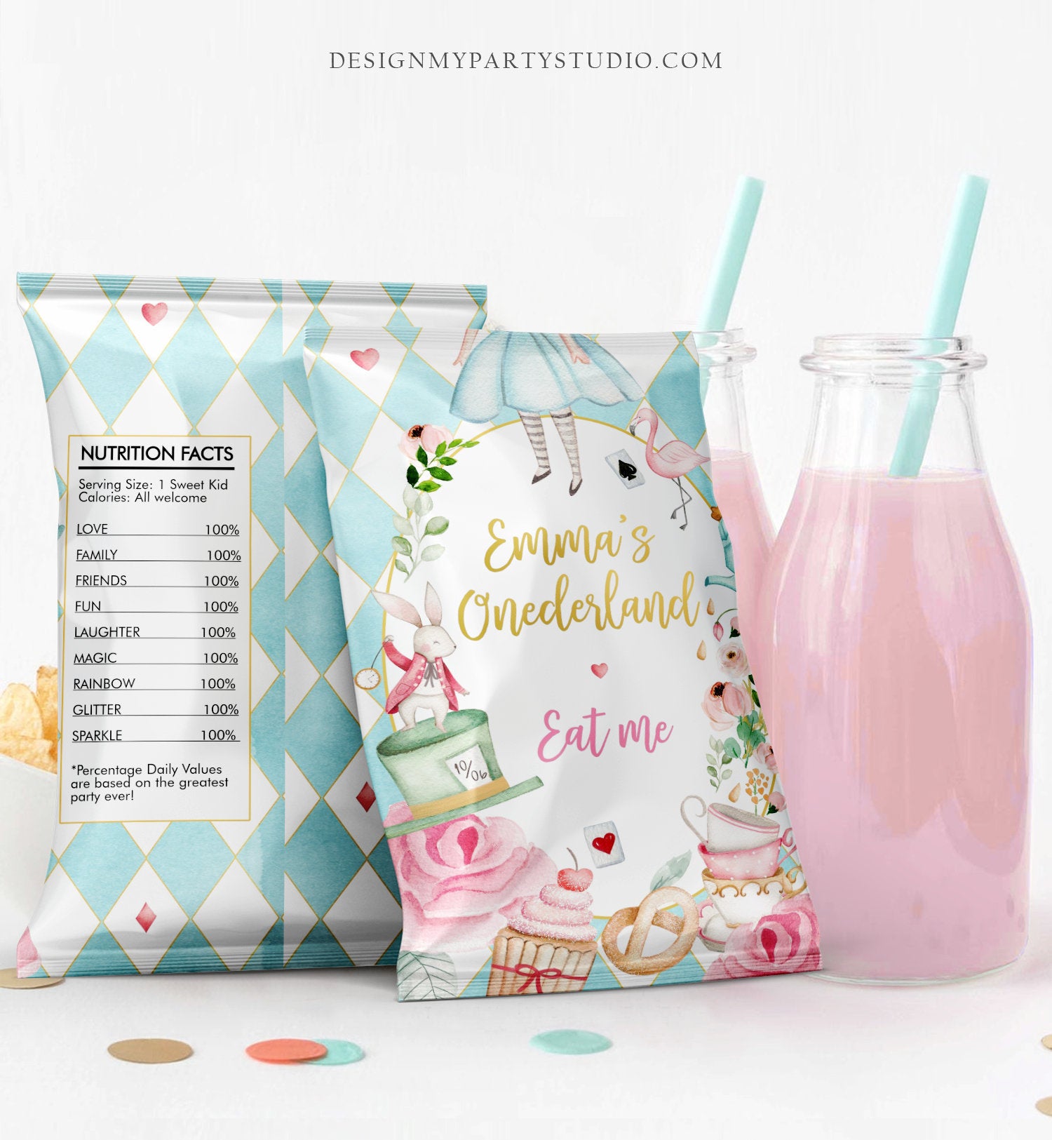 Editable Alice in Wonderland Chip Bag Alice in Onederland Party Decor Girl 1st Birthday Tea Party Snack Favors Digital Corjl Template 0350