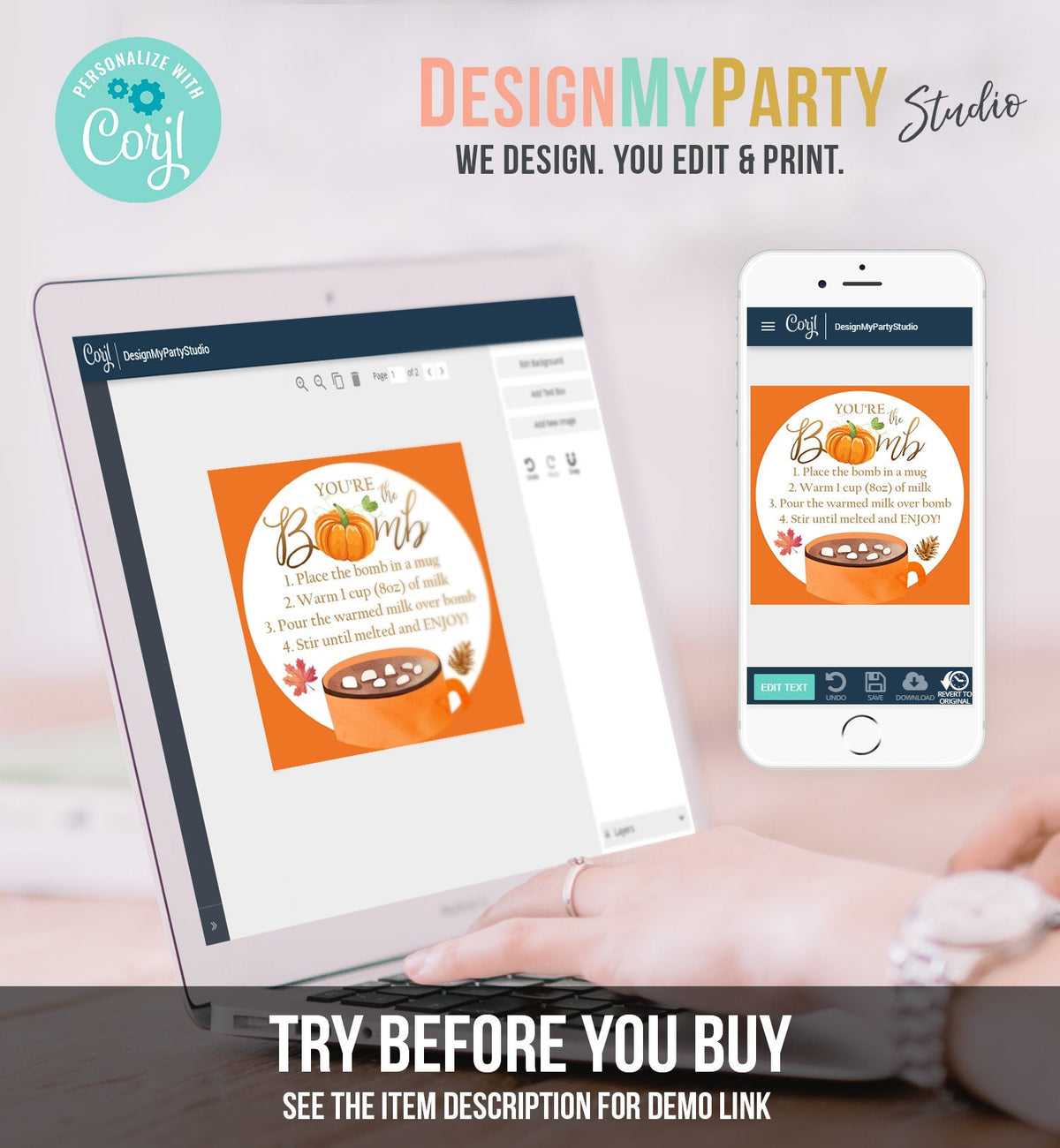 Editable Fall Hot Chocolate Bomb Tags Bomb Instructions Thanksgiving Pumpkin Orange Favor Tags You&#39;re The Bomb Tag Digital PRINTABLE 0353