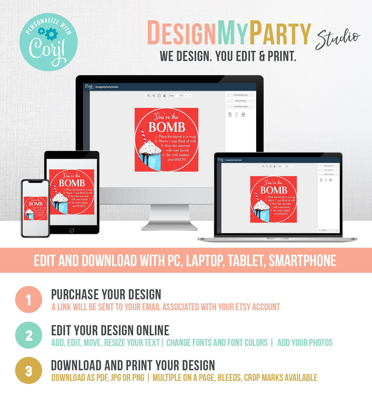 Editable Hot Chocolate Bomb Tags Bomb Instructions Cookies and Cocoa Favor Tags Winter Christmas You&#39;re The Bomb Red Digital PRINTABLE 0360