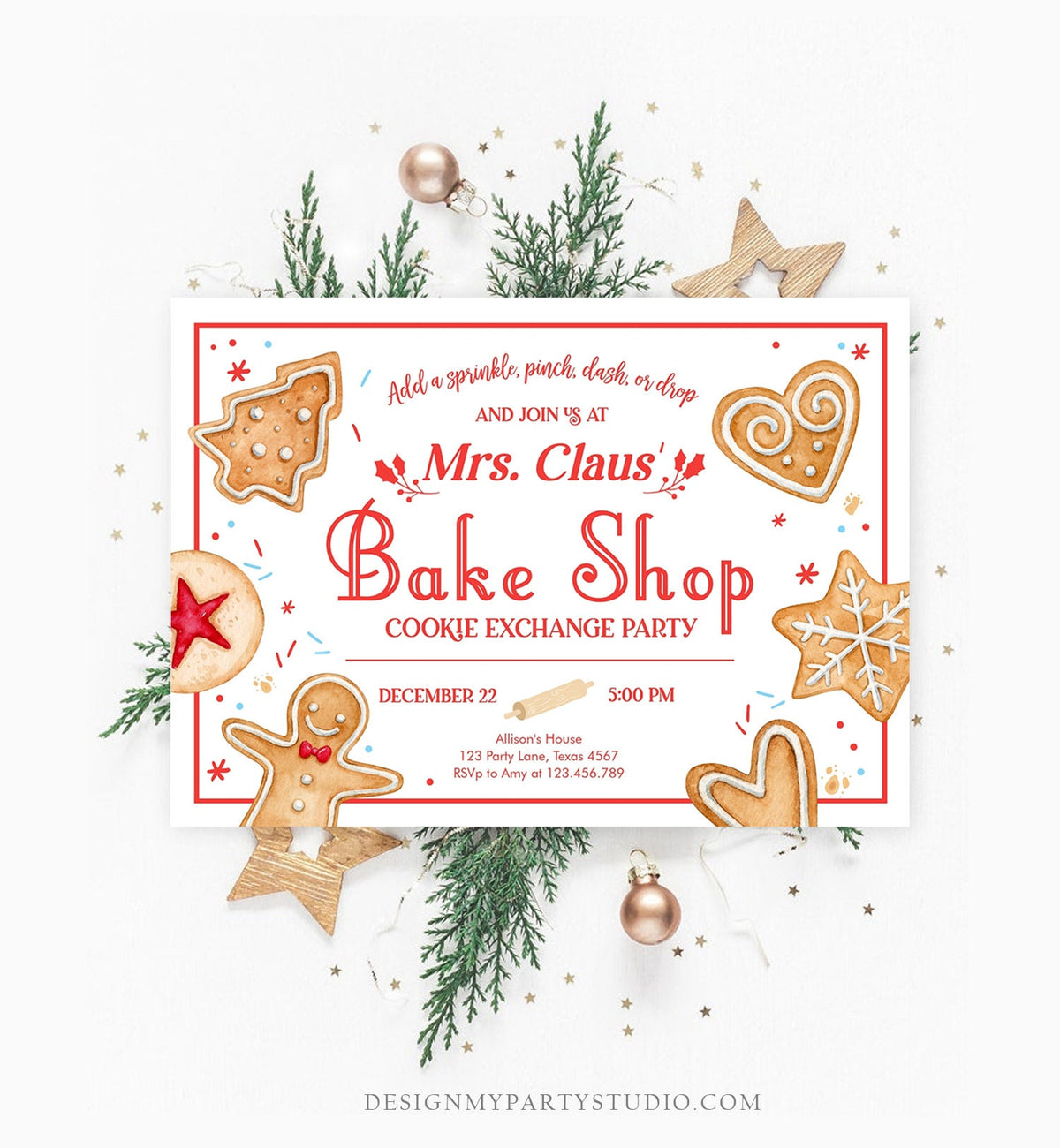 Editable Holiday Cookie Exchange Party Invitation Mrs. Claus Bake Shop Cookie Christmas Red Invite Download Printable Template Corjl 0360