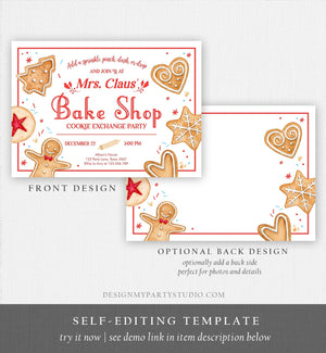 Editable Holiday Cookie Exchange Party Invitation Mrs. Claus Bake Shop Cookie Christmas Red Invite Download Printable Template Corjl 0360