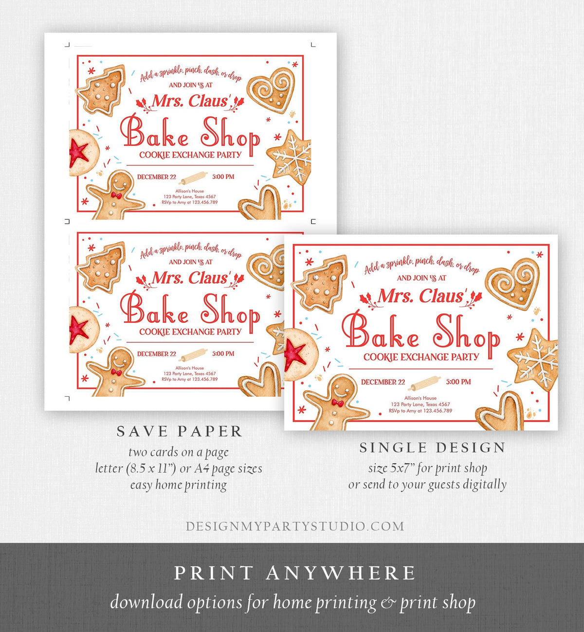 Editable Holiday Cookie Exchange Party Invitation Mrs. Claus Bake Shop Cookie Christmas Red Invite Download Printable Template Corjl 0360