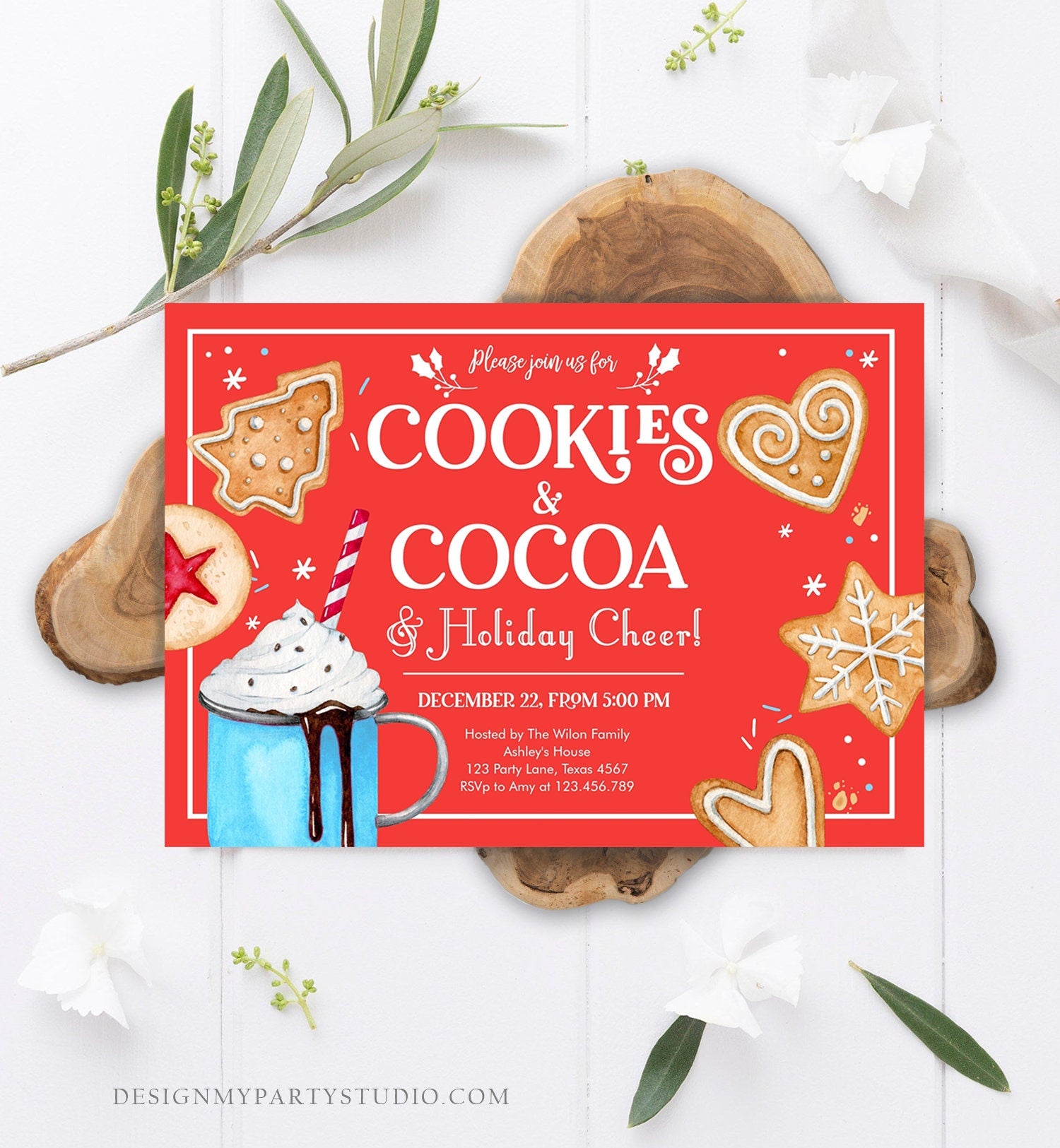 Editable Cookies and Cocoa Invitation Hot Cocoa Party Invite Hot Chocolate Holiday Cookie Exchange Download Printable Template Corjl 0360