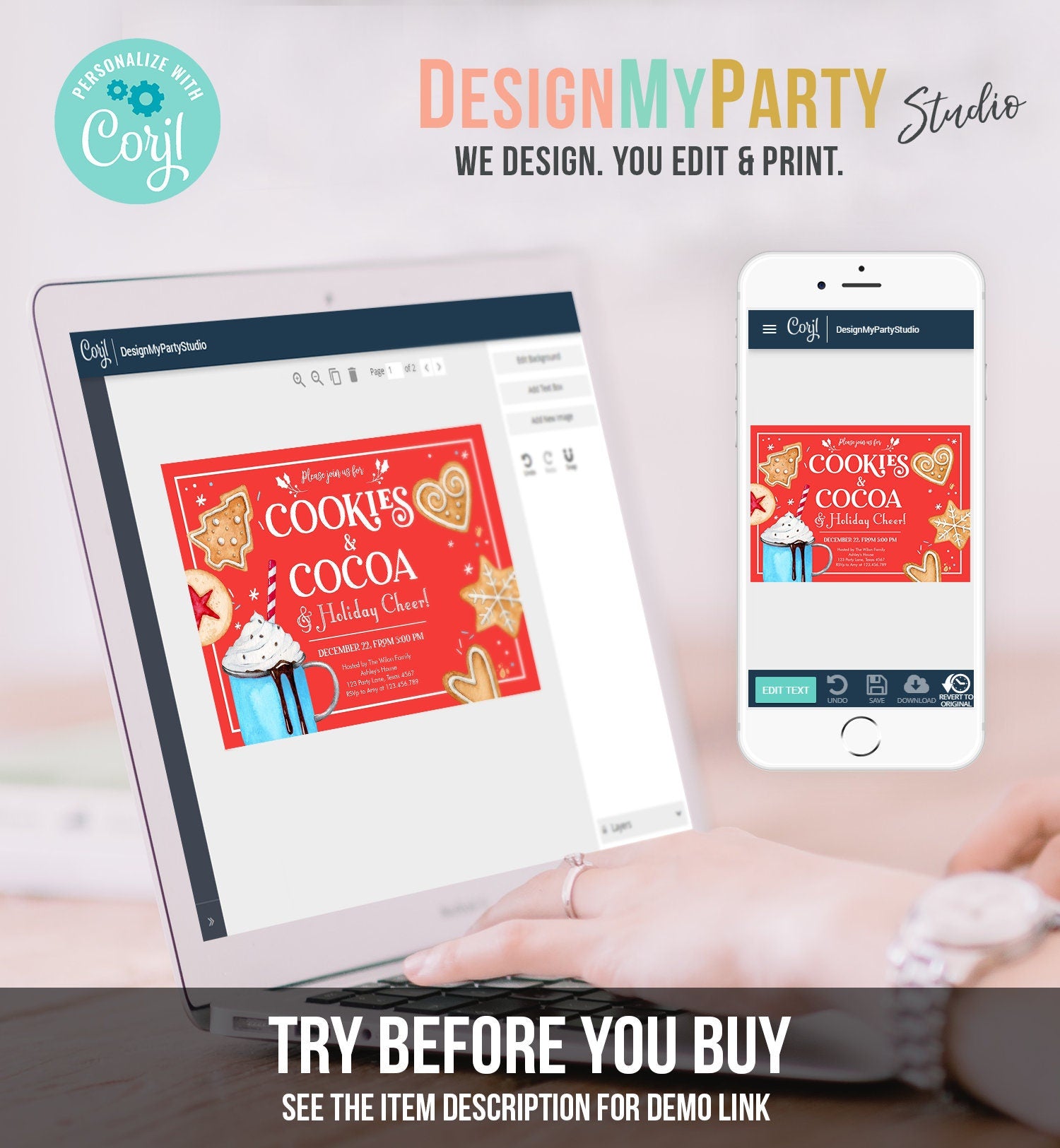 Editable Cookies and Cocoa Invitation Hot Cocoa Party Invite Hot Chocolate Holiday Cookie Exchange Download Printable Template Corjl 0360