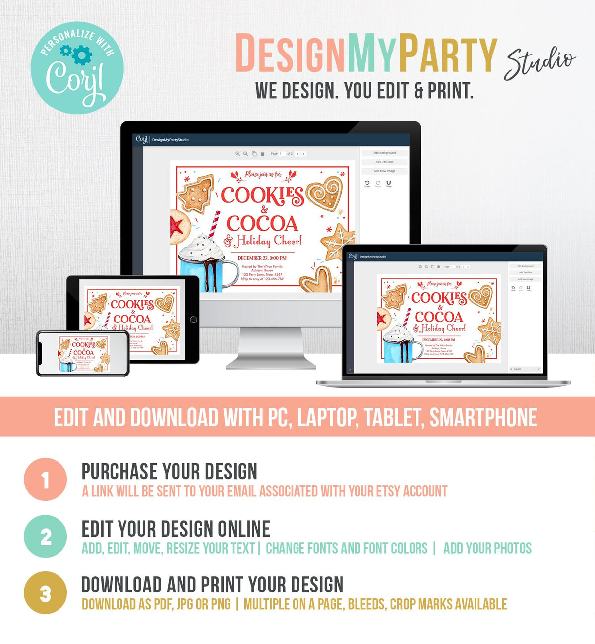 Editable Cookies and Cocoa Invitation Hot Cocoa Party Invite Hot Chocolate Holiday Cookie Exchange Download Printable Template Corjl 0360