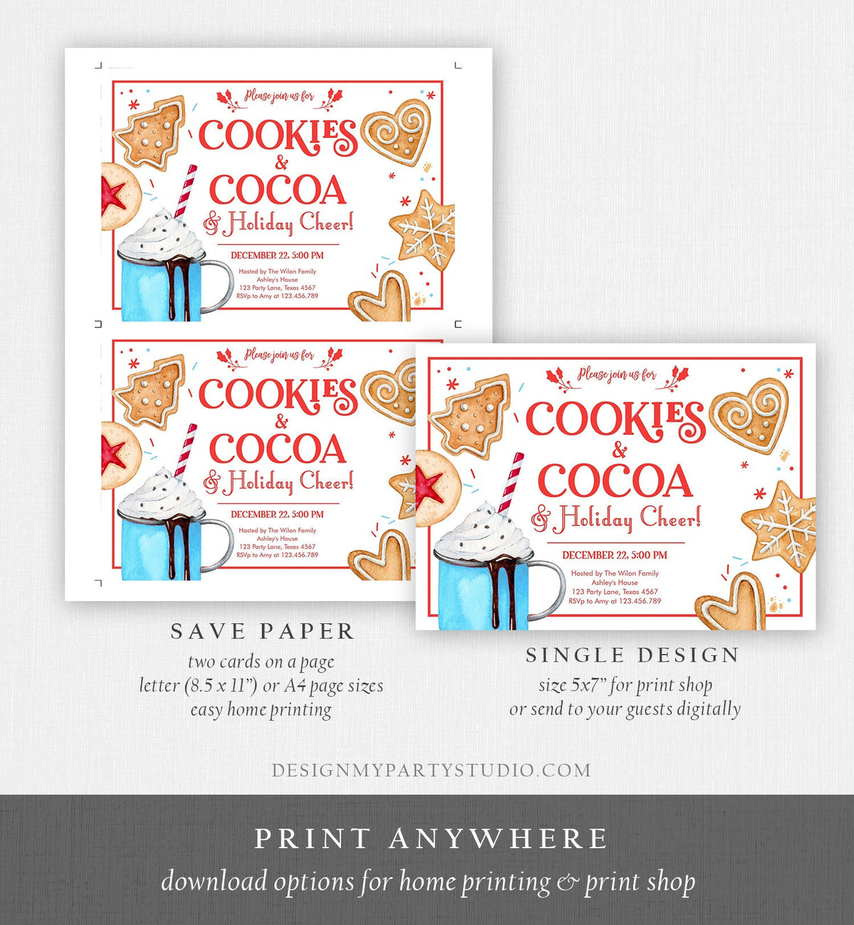 Editable Cookies and Cocoa Invitation Hot Cocoa Party Invite Hot Chocolate Holiday Cookie Exchange Download Printable Template Corjl 0360