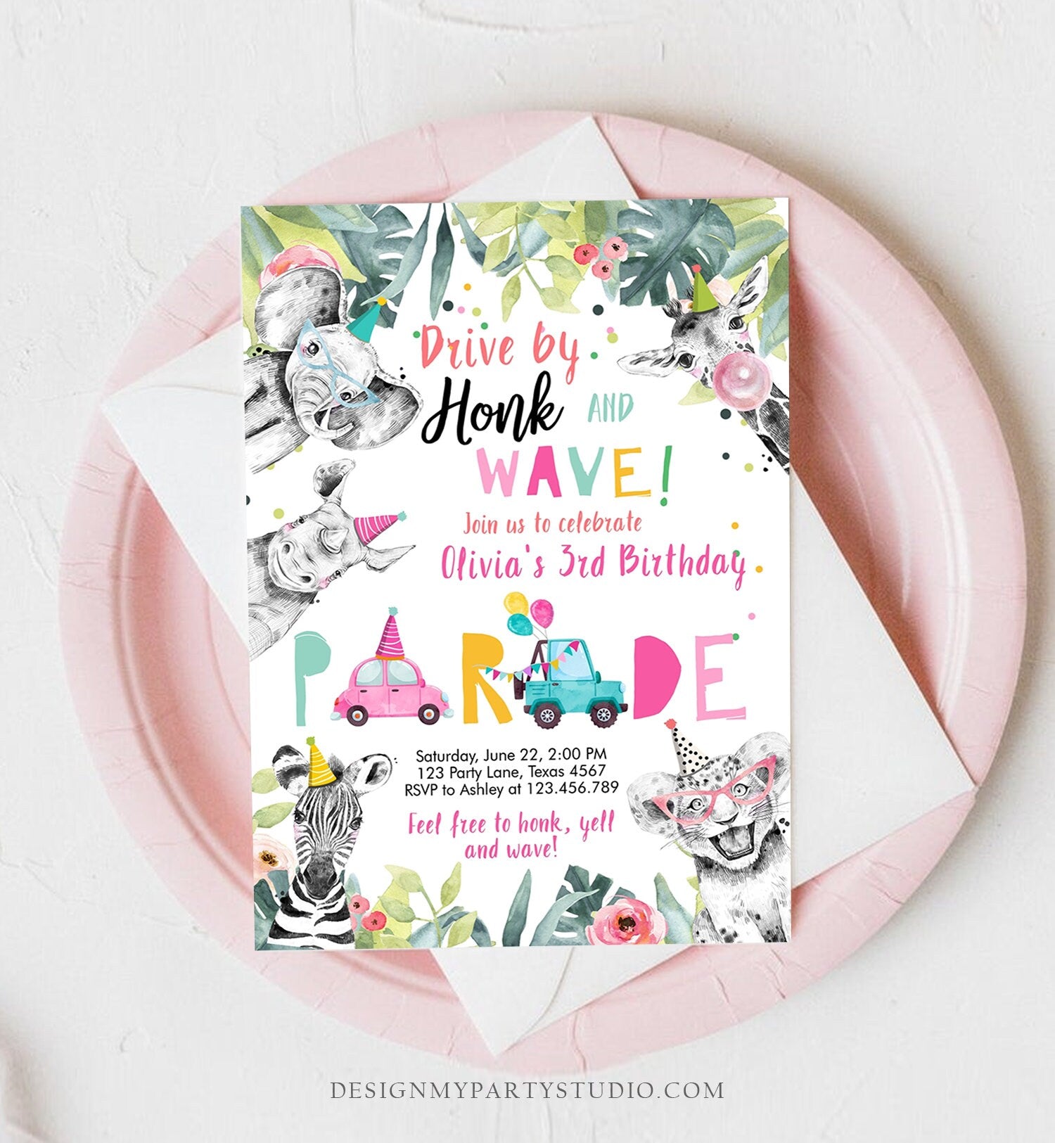 Editable Drive By Birthday Parade Invitation Party Animals Invite Honk Wave Car Girl Pink Quarantine Instant Download Digital Corjl 0322