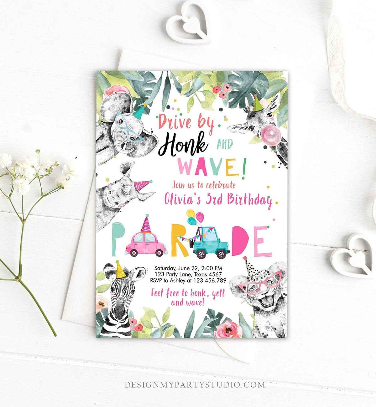Editable Drive By Birthday Parade Invitation Party Animals Invite Honk Wave Car Girl Pink Quarantine Instant Download Digital Corjl 0322
