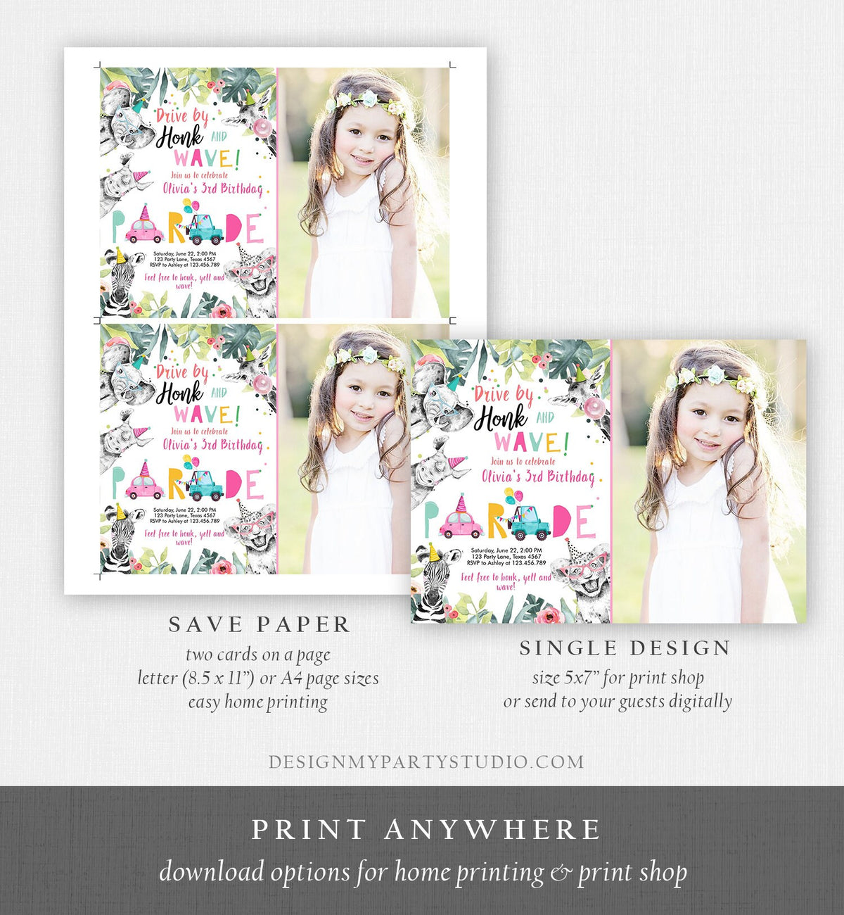 Editable Drive By Birthday Parade Invitation Party Animals Invite Honk Wave Car Girl Pink Quarantine Instant Download Digital Corjl 0322