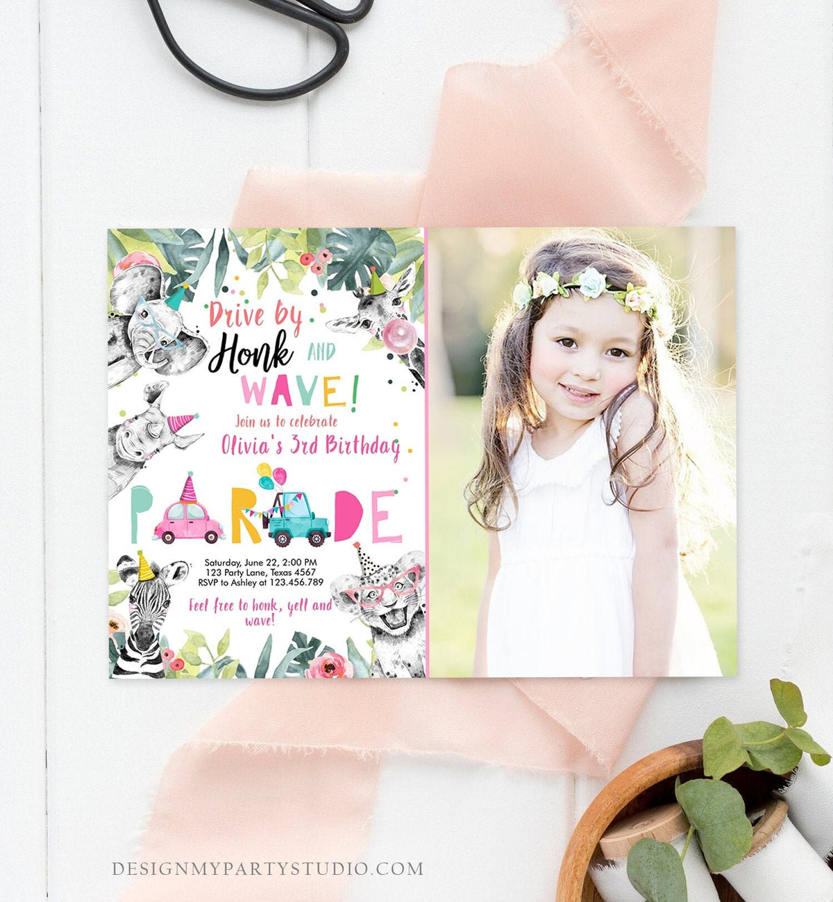 Editable Drive By Birthday Parade Invitation Party Animals Invite Honk Wave Car Girl Pink Quarantine Instant Download Digital Corjl 0322