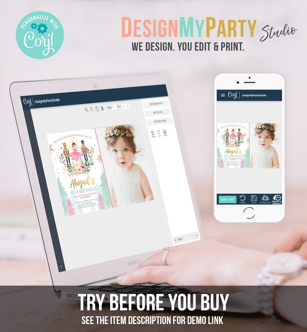 Editable Nutcracker Birthday Invitation Ballet Christmas Birthday Invite Pink Girl Sugar Plum Fairy Download Printable Template Corjl 0352