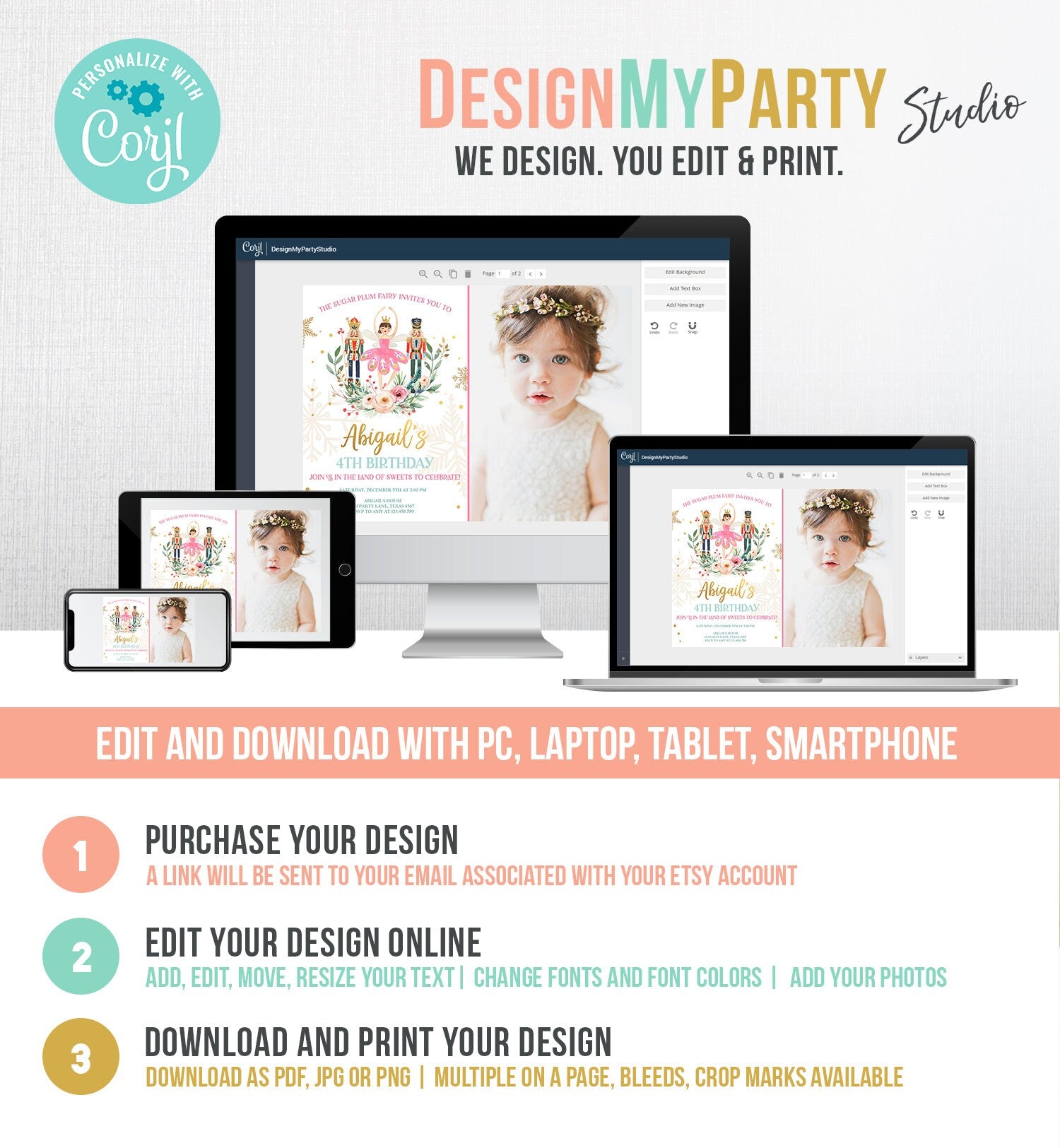 Editable Nutcracker Birthday Invitation Ballet Christmas Birthday Invite Pink Girl Sugar Plum Fairy Download Printable Template Corjl 0352