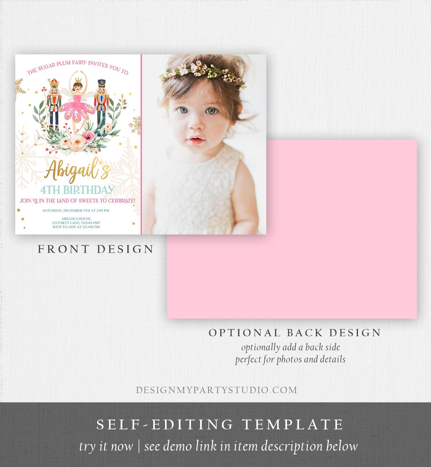 Editable Nutcracker Birthday Invitation Ballet Christmas Birthday Invite Pink Girl Sugar Plum Fairy Download Printable Template Corjl 0352