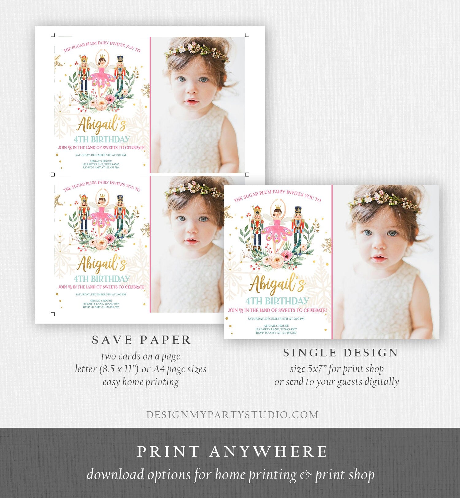 Editable Nutcracker Birthday Invitation Ballet Christmas Birthday Invite Pink Girl Sugar Plum Fairy Download Printable Template Corjl 0352