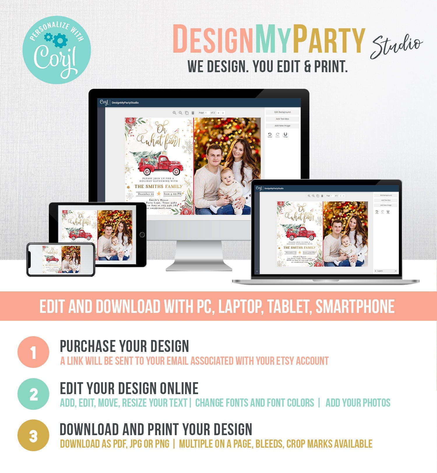 Editable Oh What Fun! Holiday Party Christmas Party Invitation Red Truck Tree Winter Birthday Personalized Printable Template Corjl 0356