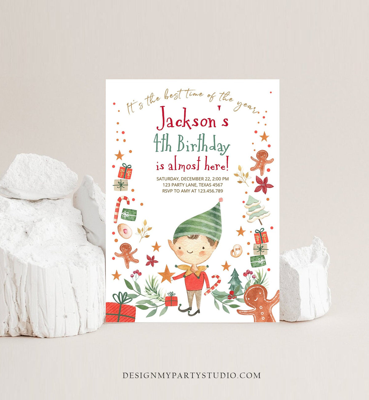 Editable Christmas Birthday Party Invitation Elf Birthday Invite Winter Best Time of The Year Boy Elf Party Printable Template DIY 0358