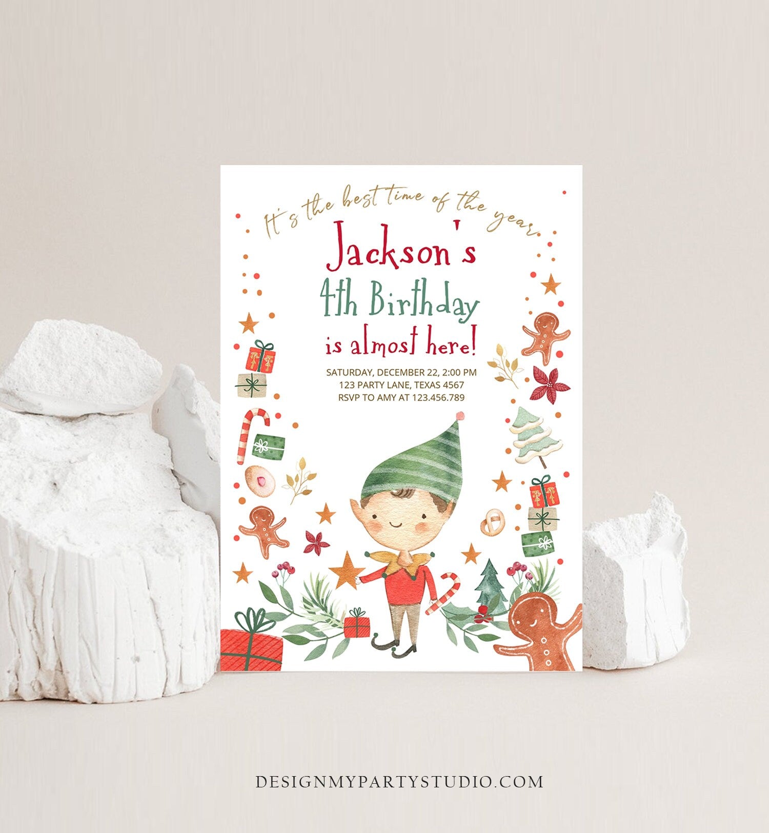 Editable Christmas Birthday Party Invitation Elf Birthday Invite Winter Best Time of The Year Boy Elf Party Printable Template DIY 0358