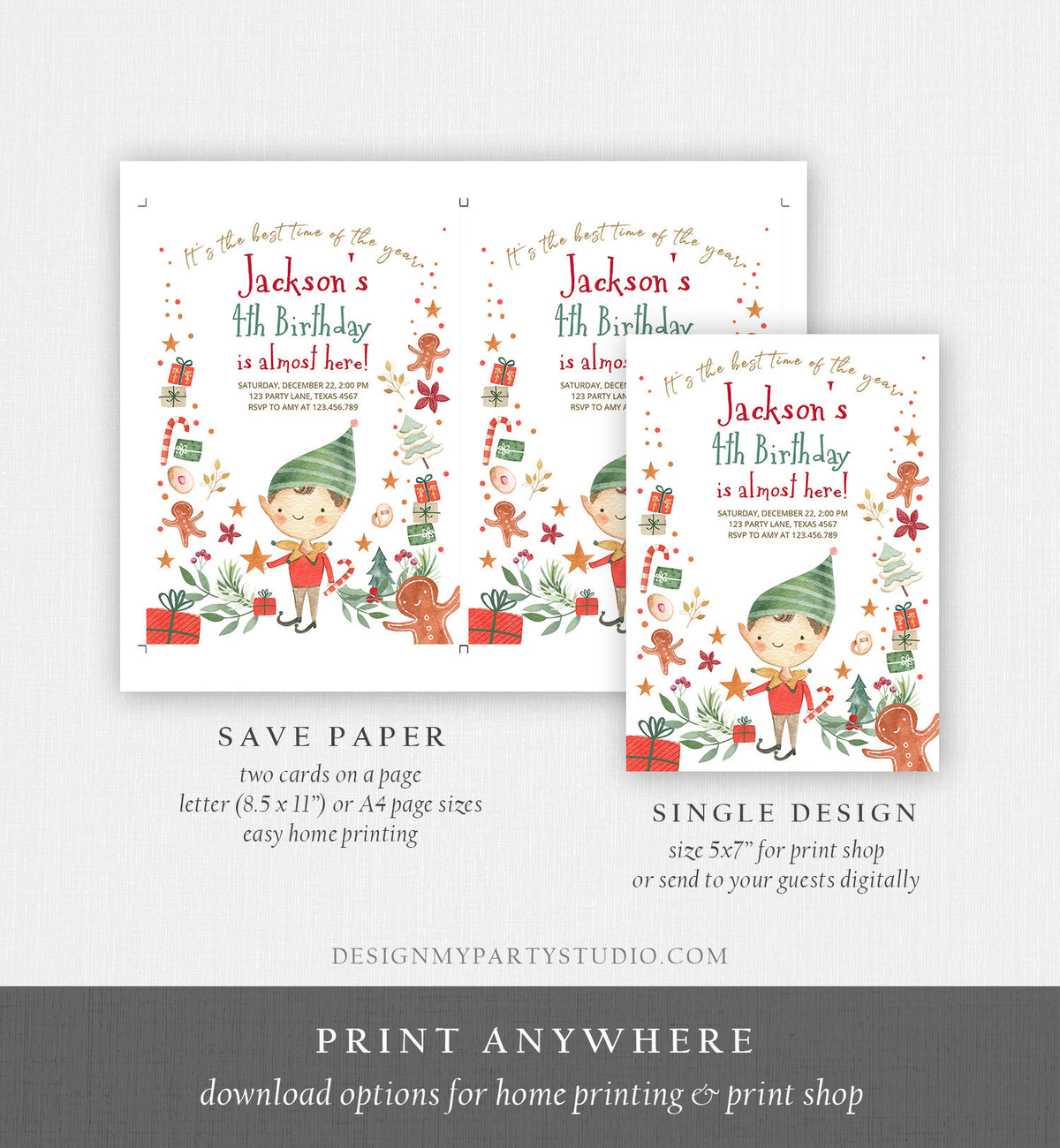 Editable Christmas Birthday Party Invitation Elf Birthday Invite Winter Best Time of The Year Boy Elf Party Printable Template DIY 0358