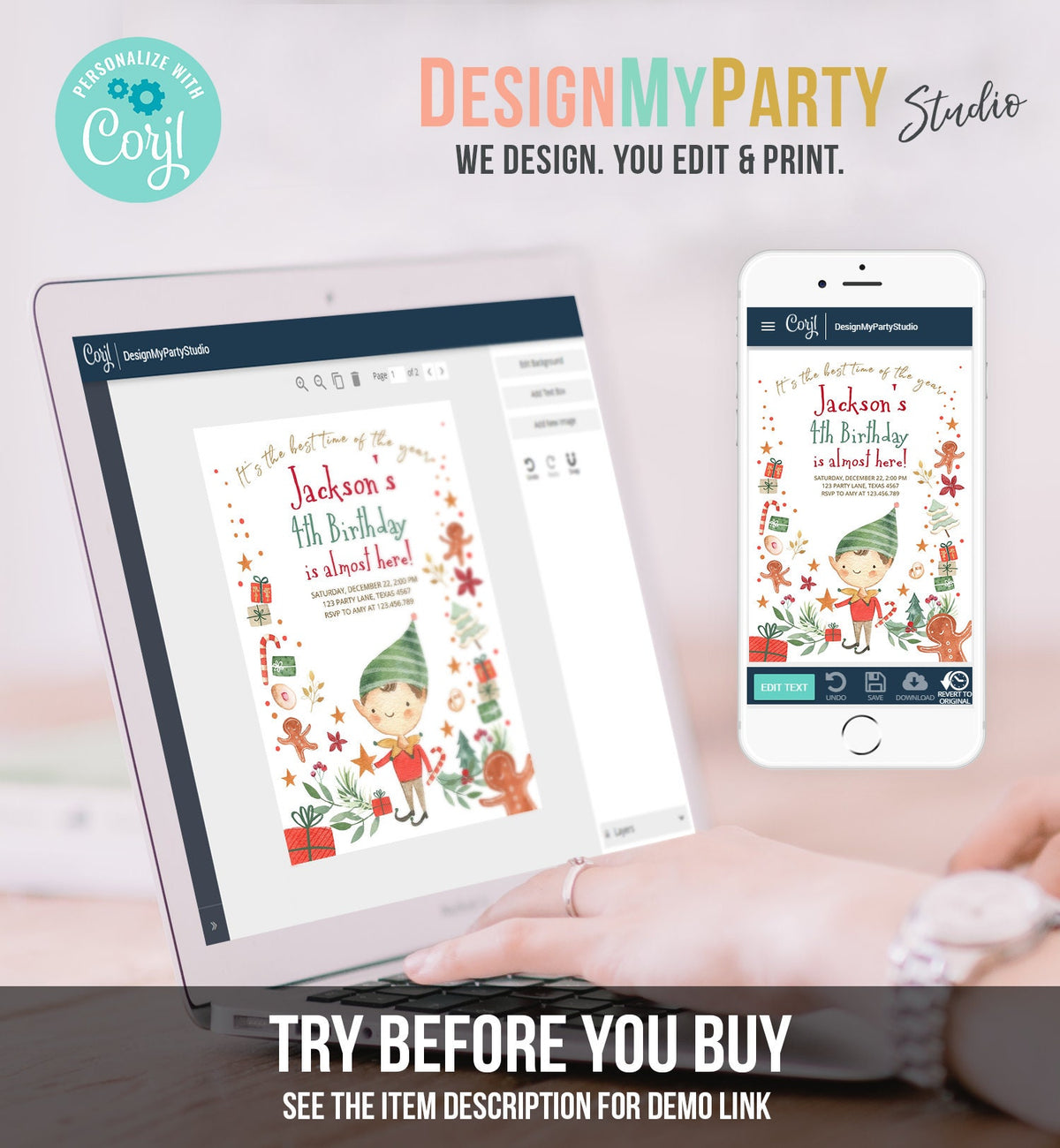 Editable Christmas Birthday Party Invitation Elf Birthday Invite Winter Best Time of The Year Boy Elf Party Printable Template DIY 0358