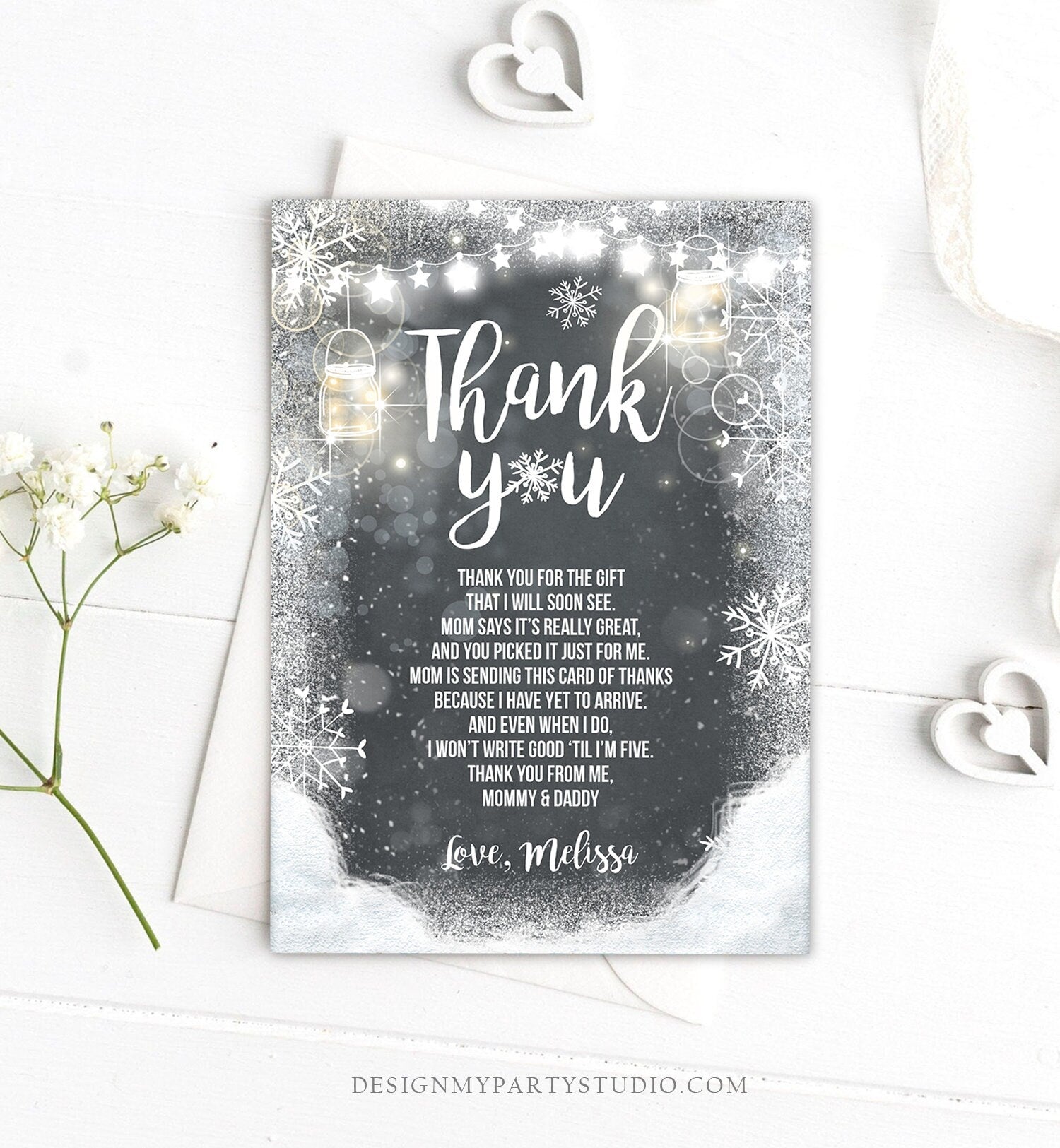 Editable Winter Thank You Card Baby Its Cold Outside Baby Shower Thank you note Winter Rustic Snowflakes Lights Template Download Corjl 0031