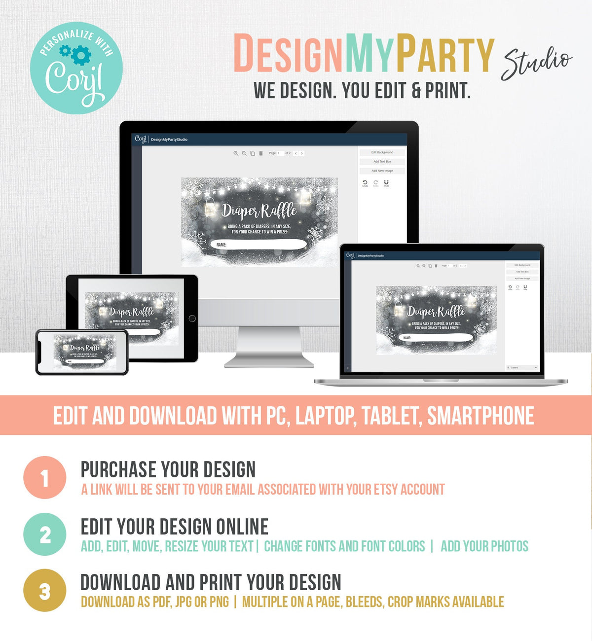 Editable Diaper Raffle Ticket Diaper Game Card Baby It&#39;s Cold Outside Winter Snowflakes Gold Silver Download Template Corjl Printable 0031