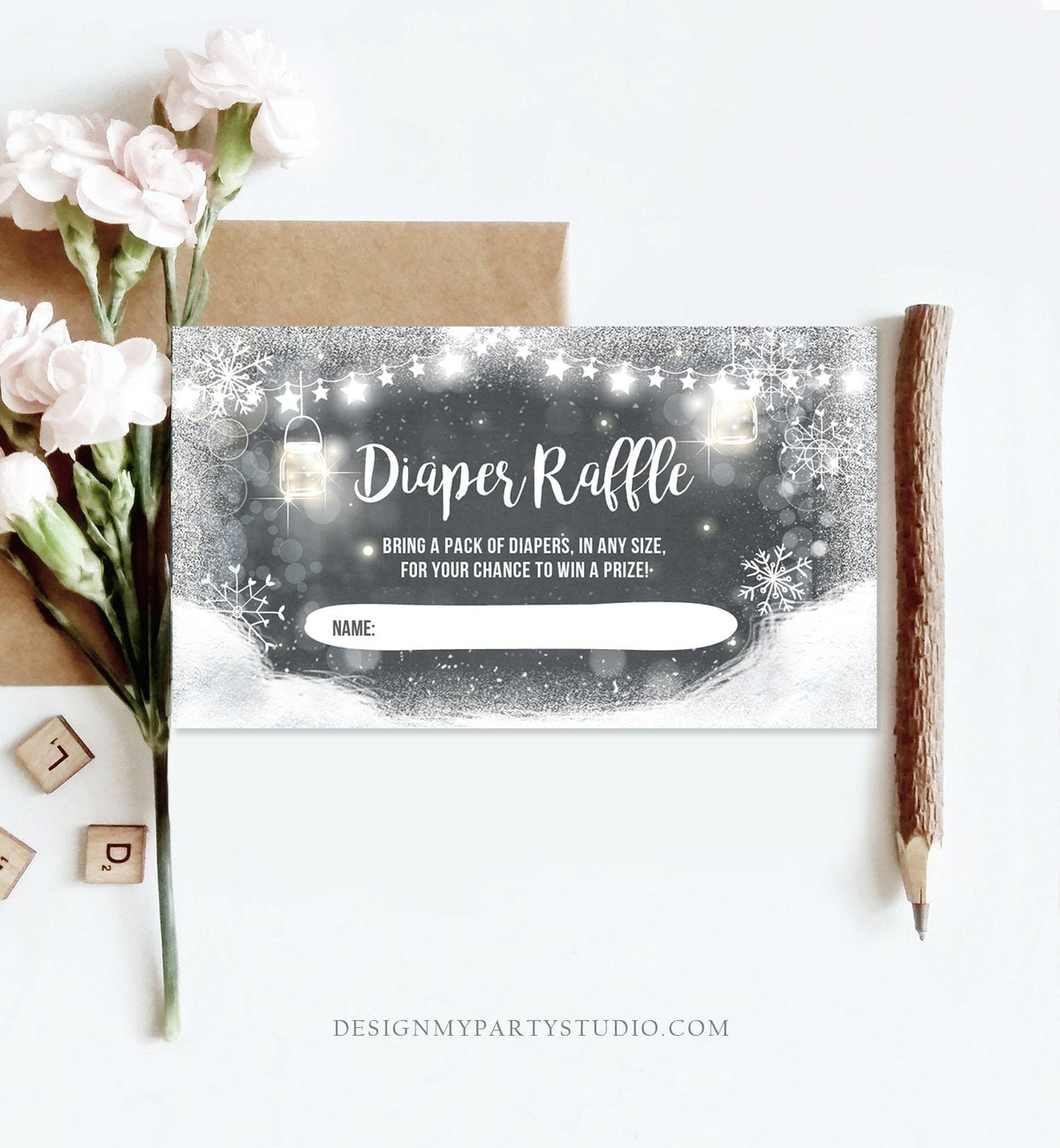 Editable Diaper Raffle Ticket Diaper Game Card Baby It&#39;s Cold Outside Winter Snowflakes Gold Silver Download Template Corjl Printable 0031
