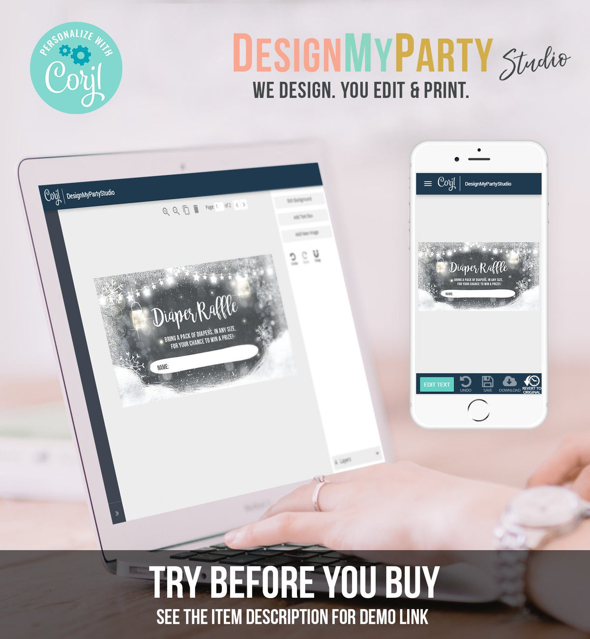 Editable Diaper Raffle Ticket Diaper Game Card Baby It&#39;s Cold Outside Winter Snowflakes Gold Silver Download Template Corjl Printable 0031