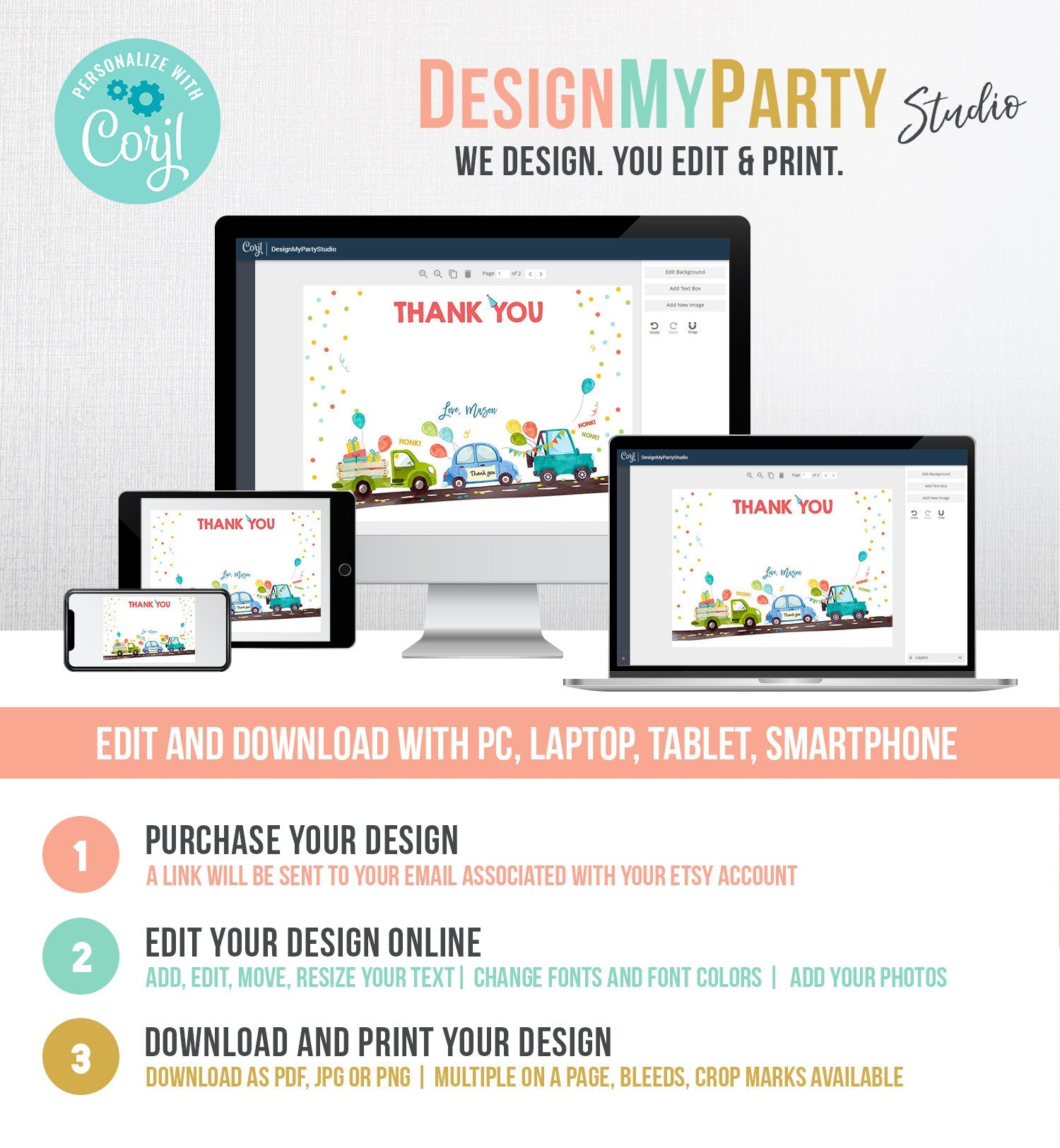 Editable Drive By Birthday Parade Thank You Card Virtual Party Invite Honk Wave Car Boy Blue Quarantine Instant Download Digital Corjl 0333