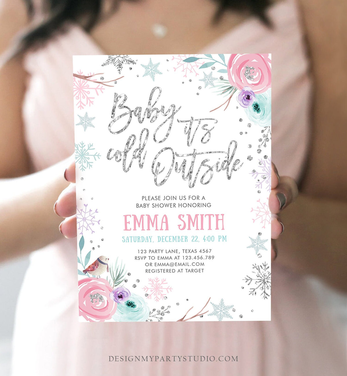 Editable Baby It&#39;s Cold Outside Winter Baby Shower Invitation Snowflakes Gender Neutral Pink Girl Template Instant Download Corjl 0256