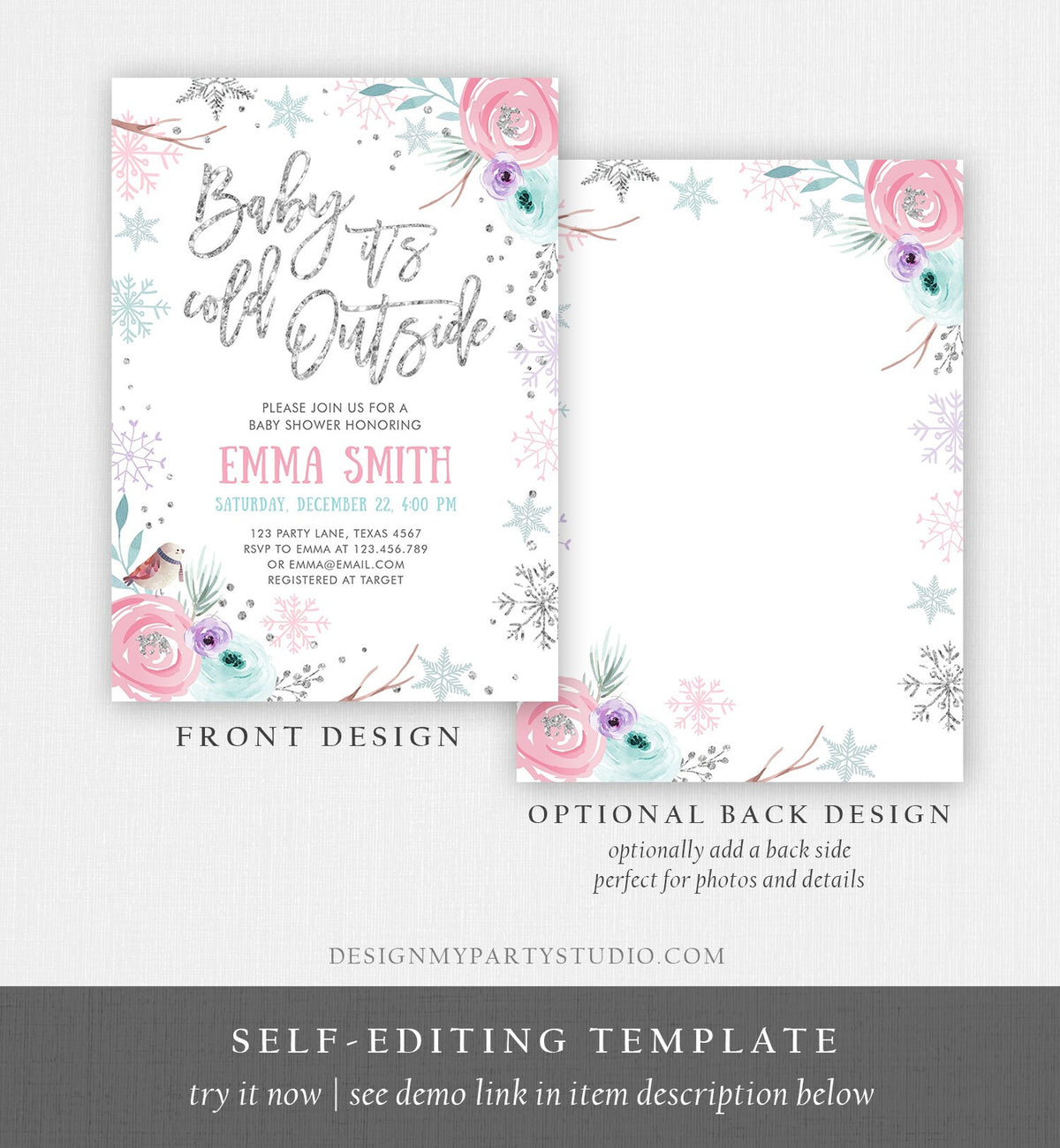 Editable Baby It&#39;s Cold Outside Winter Baby Shower Invitation Snowflakes Gender Neutral Pink Girl Template Instant Download Corjl 0256