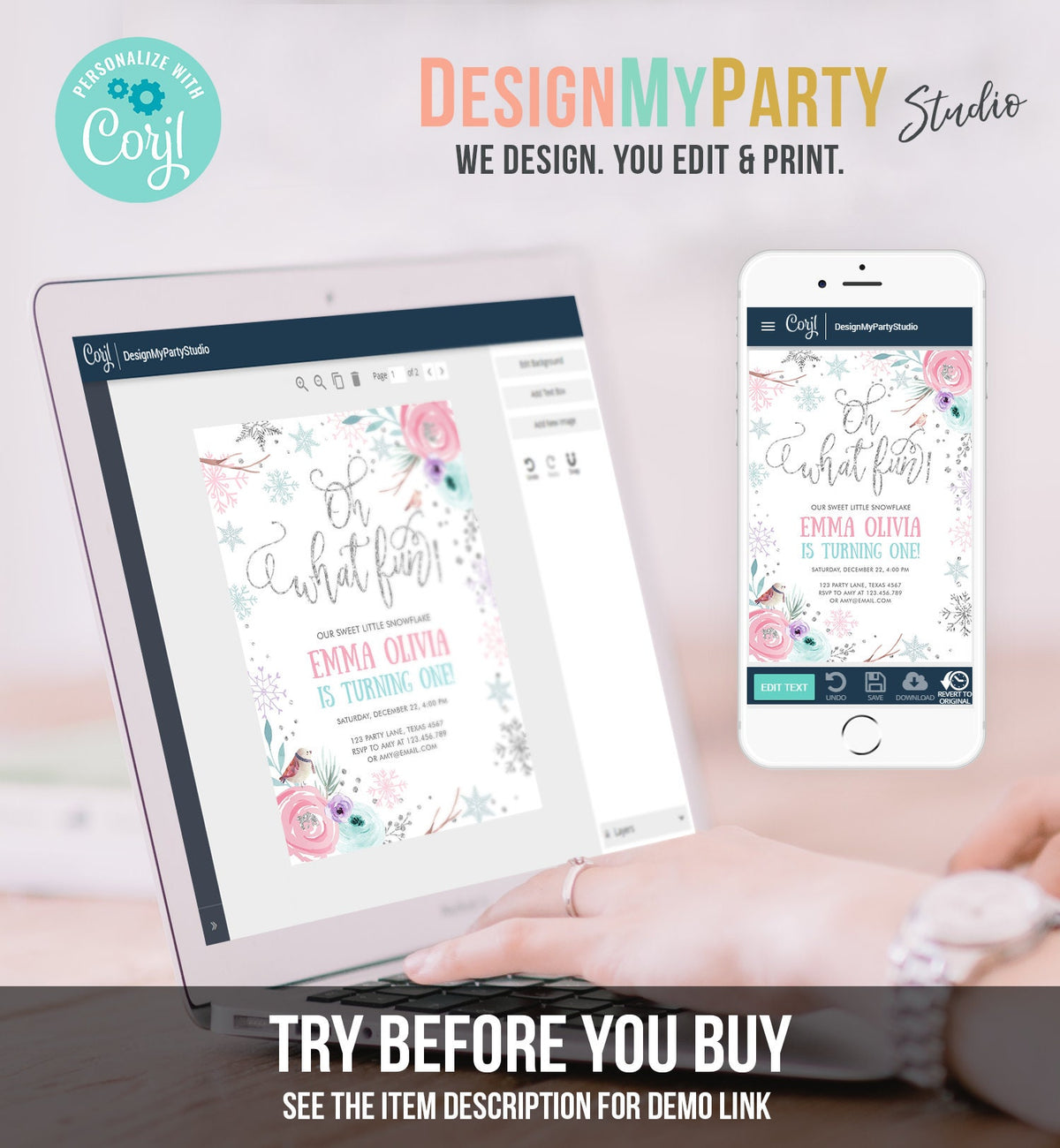 Editable Oh What Fun Birthday Invitation Winter Onederland First Birthday Snowflake Pink Silver Purple Floral Printable Template Corjl 0256