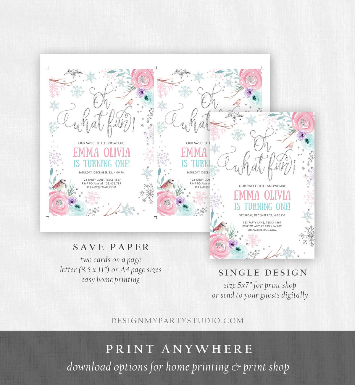 Editable Oh What Fun Birthday Invitation Winter Onederland First Birthday Snowflake Pink Silver Purple Floral Printable Template Corjl 0256