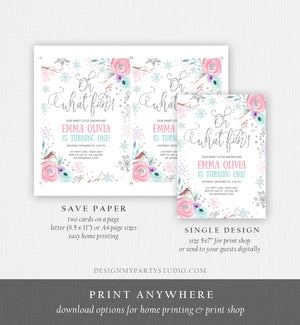 Editable Oh What Fun Birthday Invitation Winter Onederland First Birthday Snowflake Pink Silver Purple Floral Printable Template Corjl 0256