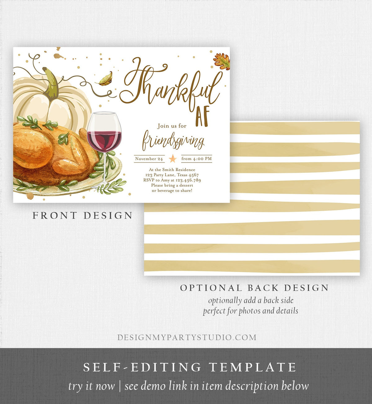 Editable Friendsgiving Invitation Rustic Turkey Thanksgiving Potluck Invite Thankful AF Friends Printable Template Corjl 0361